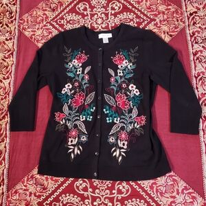 Christopher & Banks Black and Red Embroidered Cardigan